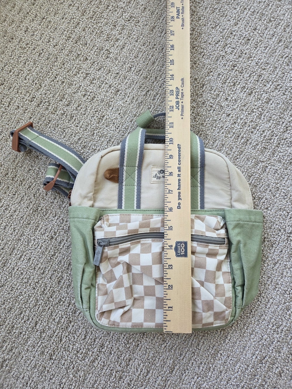 Itzy Ritzy Green & Cream Check Front Pocket Canvas Mini Backpack - Picture 2 of 6